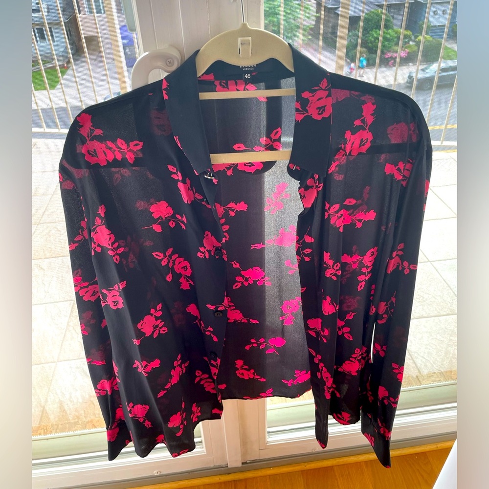 Versus Versace EU size 46 black and pink rose see through blouse